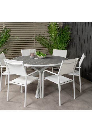 VENTURE DESIGN Gartenset mit Parma Tisch ( 140) und 6 Santorini Stühlen mit Armlehnen - Weißaluminium/Textilene