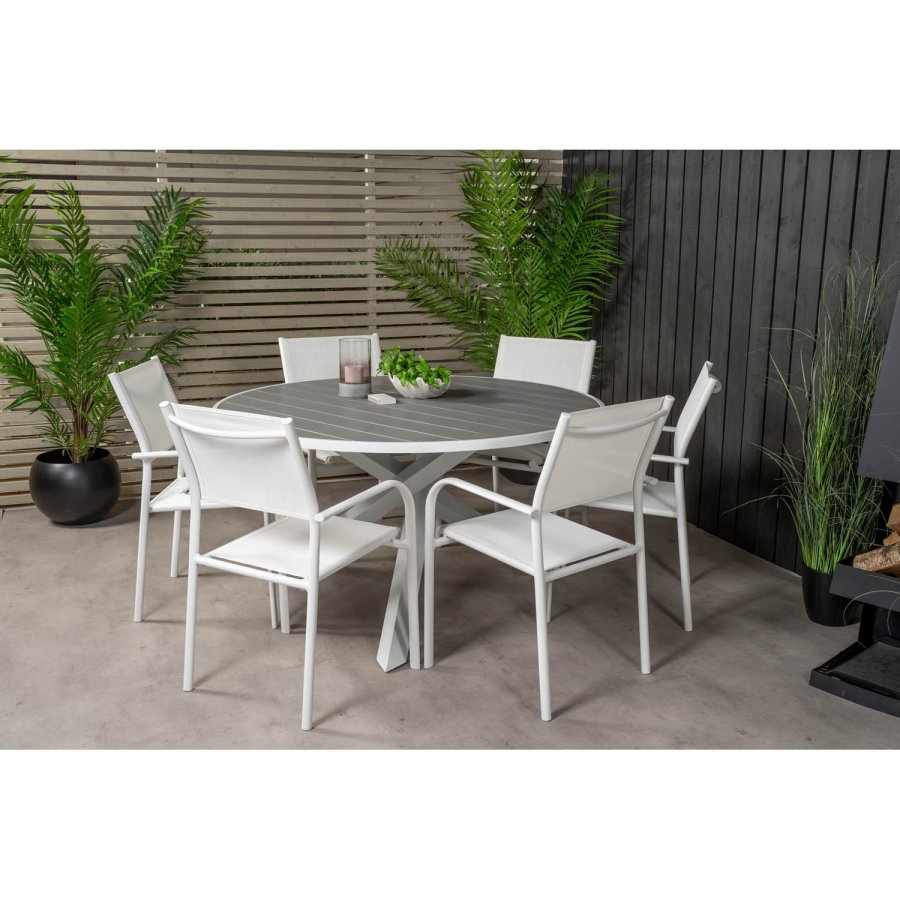 VENTURE DESIGN Gartenset mit Parma Tisch ( 140) und 6 Santorini Stühlen mit Armlehnen - Weißaluminium/Textilene