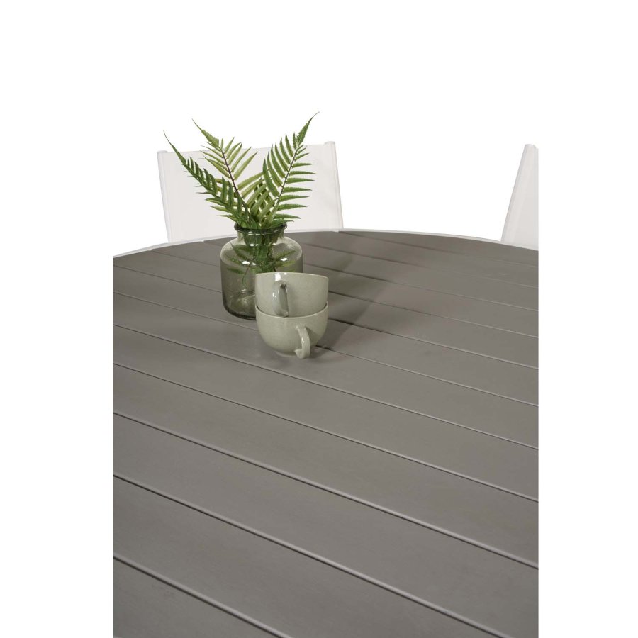 VENTURE DESIGN Gartenset mit Parma Tisch ( 140) und 6 Santorini Stühlen mit Armlehnen - Weißaluminium/Textilene