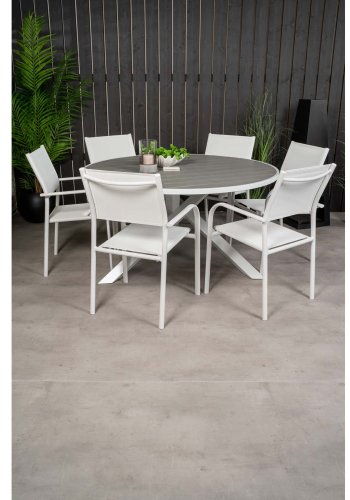 VENTURE DESIGN Gartenset mit Parma Tisch ( 140) und 6 Santorini Stühlen mit Armlehnen - Weißaluminium/Textilene