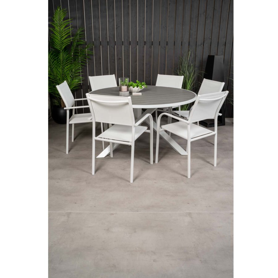 VENTURE DESIGN Gartenset mit Parma Tisch ( 140) und 6 Santorini Stühlen mit Armlehnen - Weißaluminium/Textilene