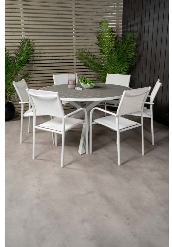 VENTURE DESIGN Gartenset mit Parma Tisch ( 140) und 6 Santorini Stühlen mit Armlehnen - Weißaluminium/Textilene