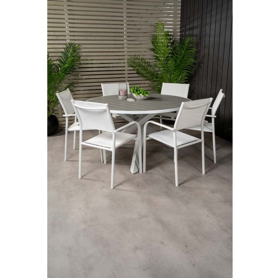 VENTURE DESIGN Gartenset mit Parma Tisch ( 140) und 6 Santorini Stühlen mit Armlehnen - Weißaluminium/Textilene