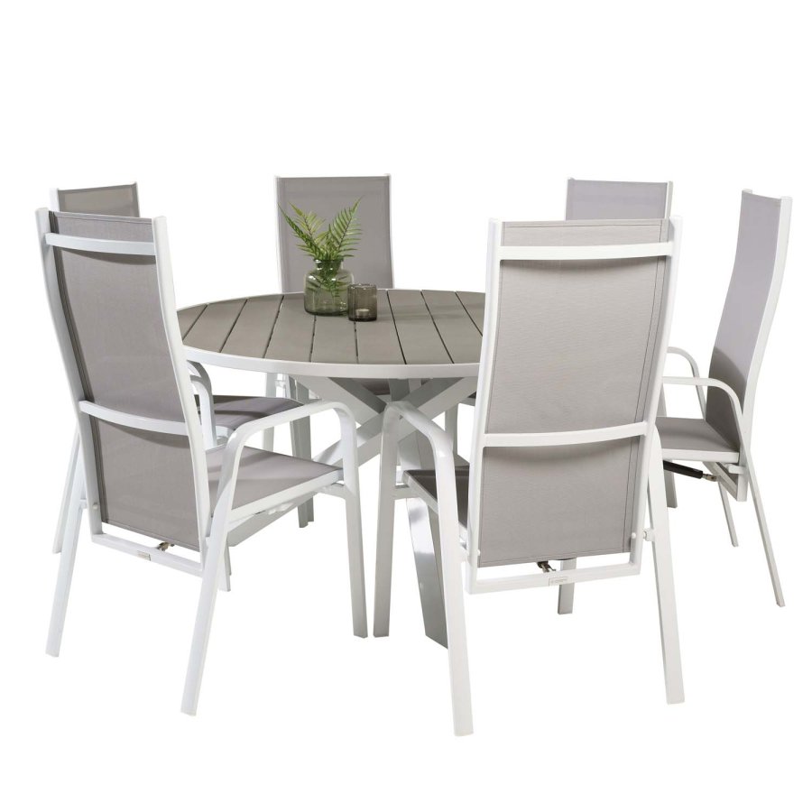VENTURE DESIGN havest m. Parma bord (140) og 6 Copacabana stole m. recliner - hvid alu/gr textile