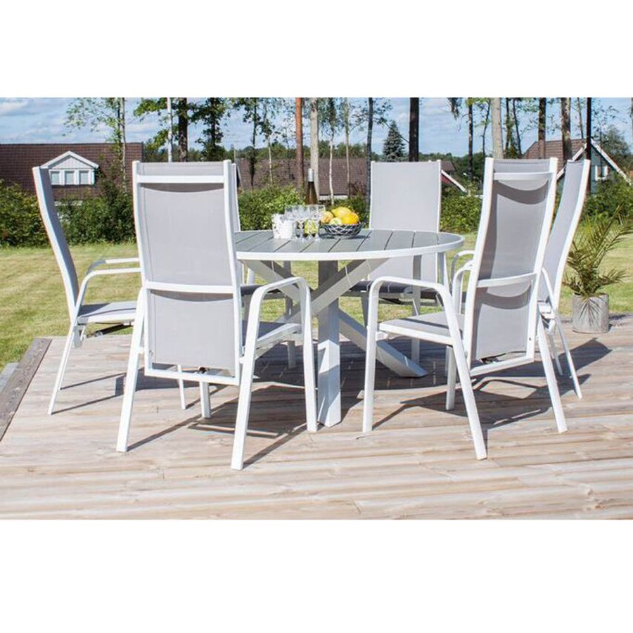VENTURE DESIGN havest m. Parma bord (140) og 6 Copacabana stole m. recliner - hvid alu/gr textile