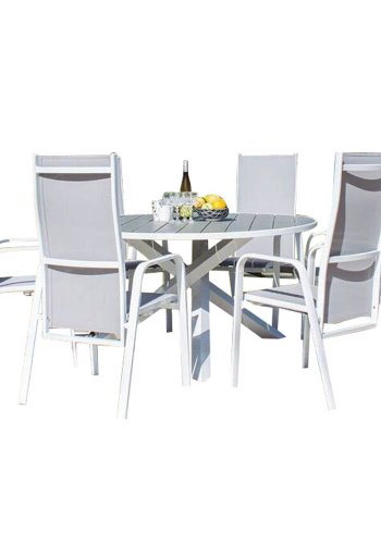 VENTURE DESIGN havest m. Parma bord (140) og 6 Copacabana stole m. recliner - hvid alu/gr textile