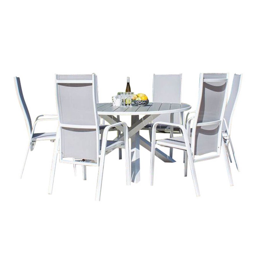 VENTURE DESIGN havest m. Parma bord (140) og 6 Copacabana stole m. recliner - hvid alu/gr textile