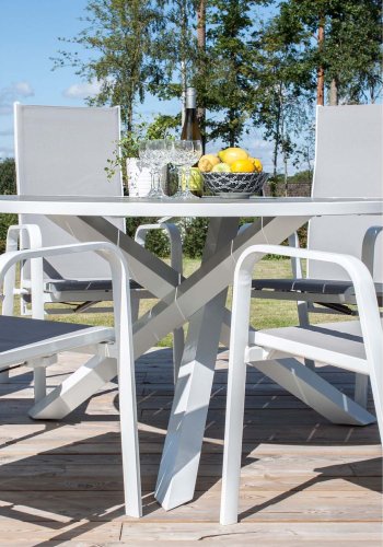 VENTURE DESIGN havest m. Parma bord (140) og 6 Copacabana stole m. recliner - hvid alu/gr textile