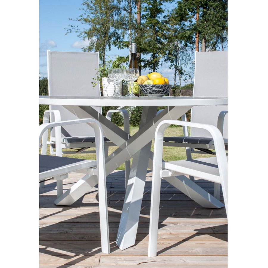 VENTURE DESIGN havest m. Parma bord (140) og 6 Copacabana stole m. recliner - hvid alu/gr textile