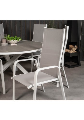 VENTURE DESIGN havest m. Parma bord (140) og 6 Copacabana stole m. recliner - hvid alu/gr textile