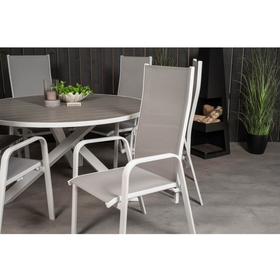 VENTURE DESIGN havest m. Parma bord (140) og 6 Copacabana stole m. recliner - hvid alu/gr textile