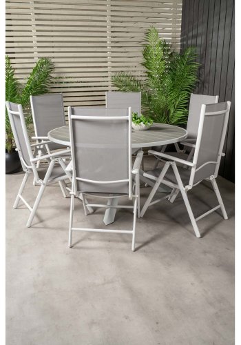VENTURE DESIGN Gartenset mit Parma-Tisch (140) und 6 Break-Stühlen mit Liegefunktion – weißes Aluminium/graues Textilene