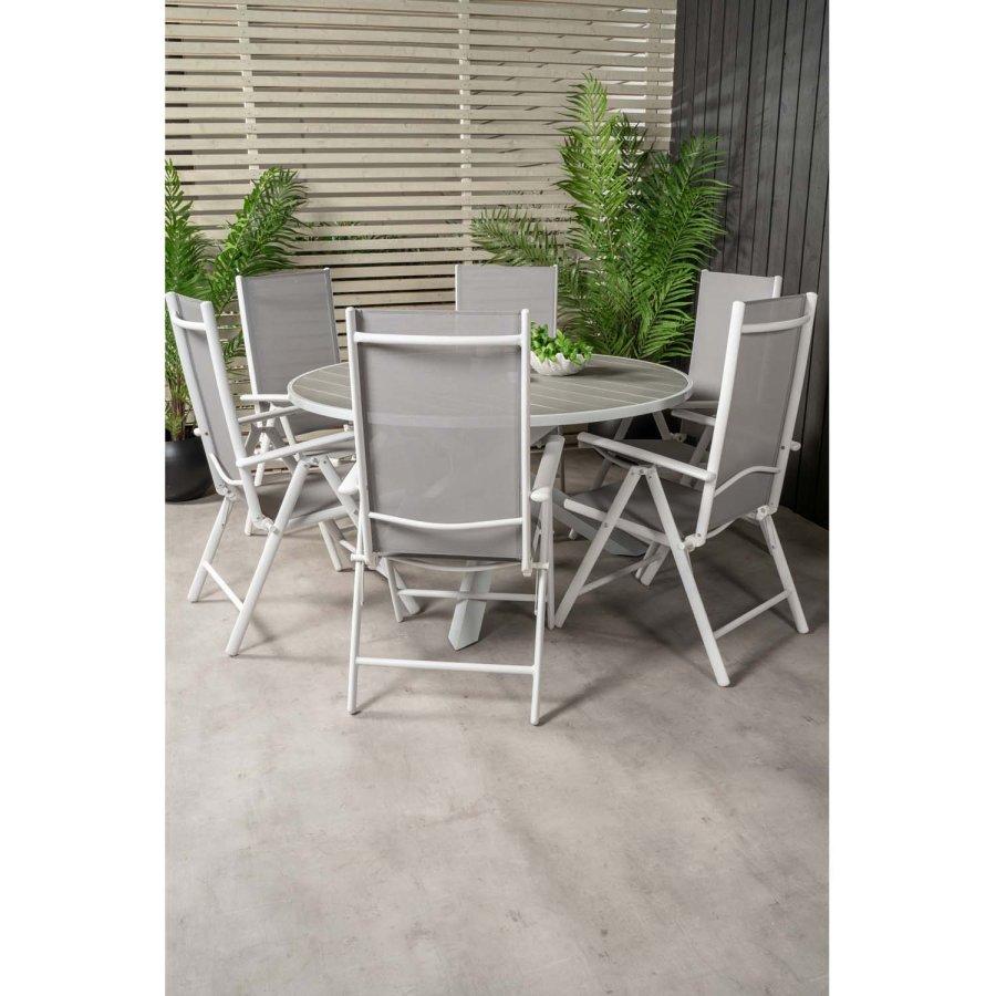 VENTURE DESIGN Gartenset mit Parma-Tisch (140) und 6 Break-Stühlen mit Liegefunktion – weißes Aluminium/graues Textilene