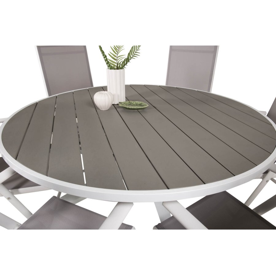 VENTURE DESIGN Gartenset mit Parma-Tisch (140) und 6 Break-Stühlen mit Liegefunktion – weißes Aluminium/graues Textilene