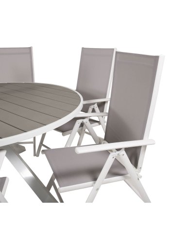 VENTURE DESIGN Gartenset mit Parma-Tisch (140) und 6 Break-Stühlen mit Liegefunktion – weißes Aluminium/graues Textilene