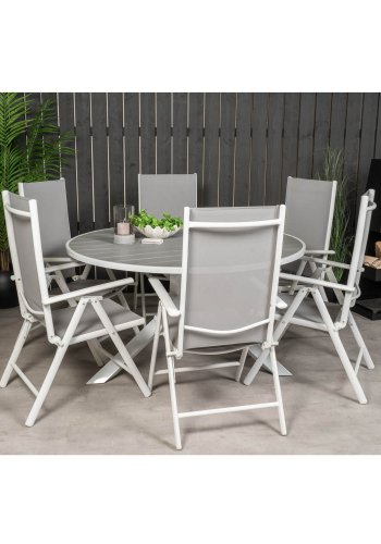 VENTURE DESIGN Gartenset mit Parma-Tisch (140) und 6 Break-Stühlen mit Liegefunktion – weißes Aluminium/graues Textilene