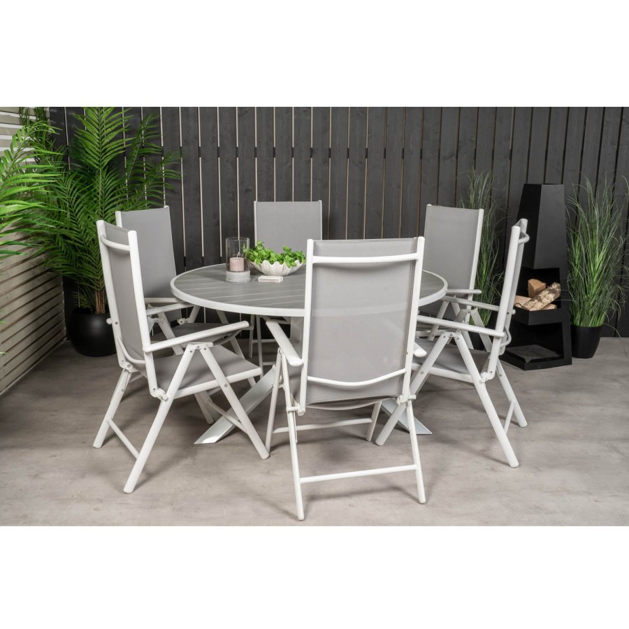 VENTURE DESIGN Gartenset mit Parma-Tisch (140) und 6 Break-Stühlen mit Liegefunktion – weißes Aluminium/graues Textilene