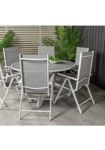 VENTURE DESIGN Gartenset mit Parma-Tisch (140) und 6 Break-Stühlen mit Liegefunktion – weißes Aluminium/graues Textilene
