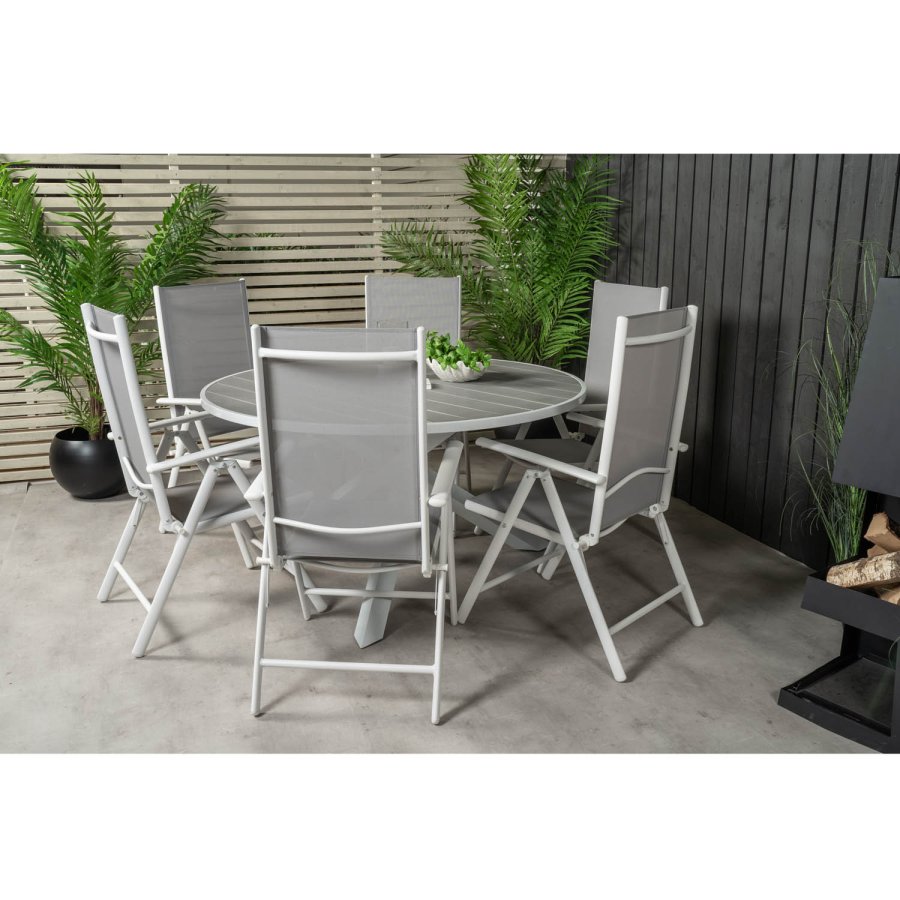 VENTURE DESIGN Gartenset mit Parma-Tisch (140) und 6 Break-Stühlen mit Liegefunktion – weißes Aluminium/graues Textilene