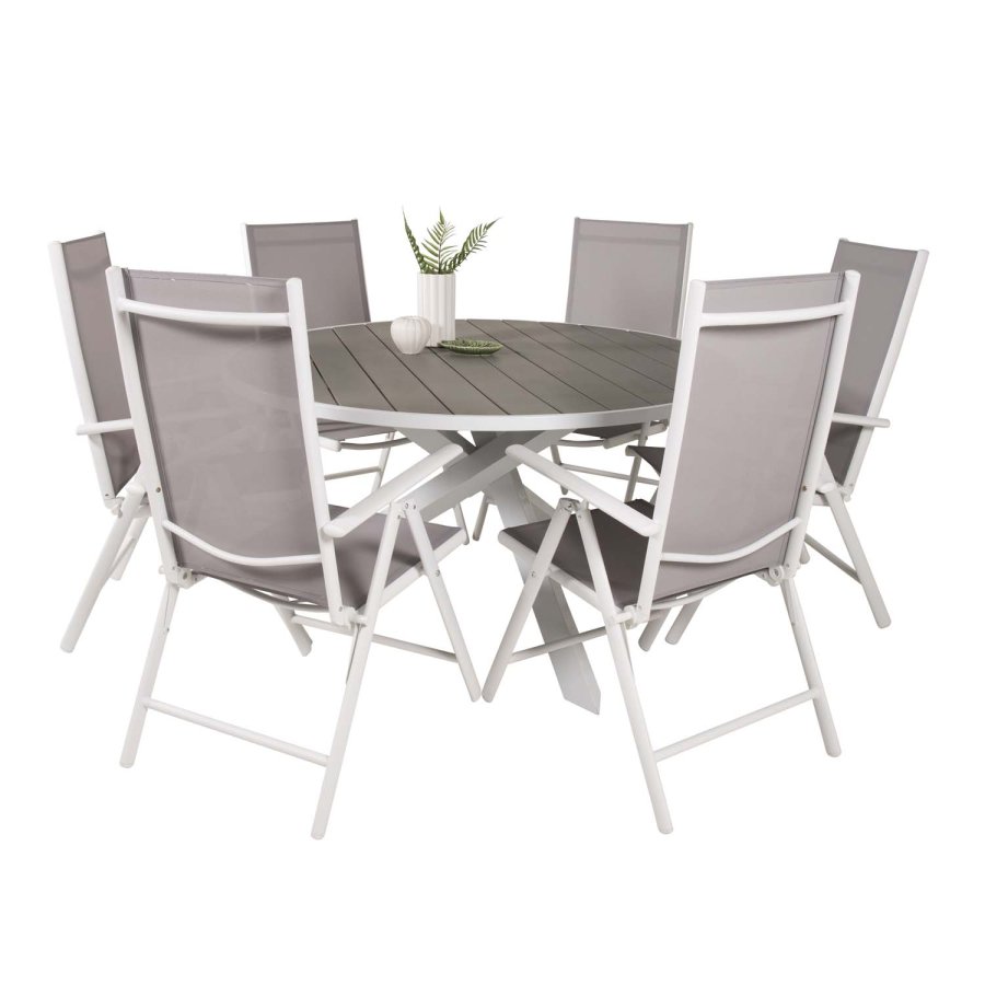 VENTURE DESIGN Gartenset mit Parma-Tisch (140) und 6 Break-Stühlen mit Liegefunktion – weißes Aluminium/graues Textilene