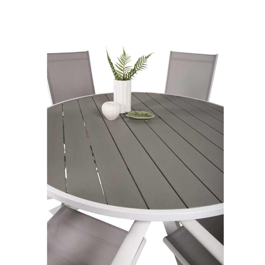 VENTURE DESIGN Gartenset mit Parma-Tisch (140) und 6 Break-Stühlen mit Liegefunktion – weißes Aluminium/graues Textilene