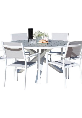 VENTURE DESIGN havest m. Parma bord (140) og 6 Copacabana stole m. armln - gr aintwood/textilene