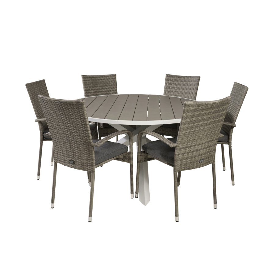 VENTURE DESIGN havest m. Parma bord (140) og 6 Anna stole m. armln - gr rattan/aintwood/hvid alu