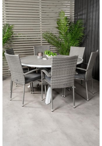 VENTURE DESIGN havest m. Parma bord (140) og 6 Anna stole m. armln - gr rattan/aintwood/hvid alu