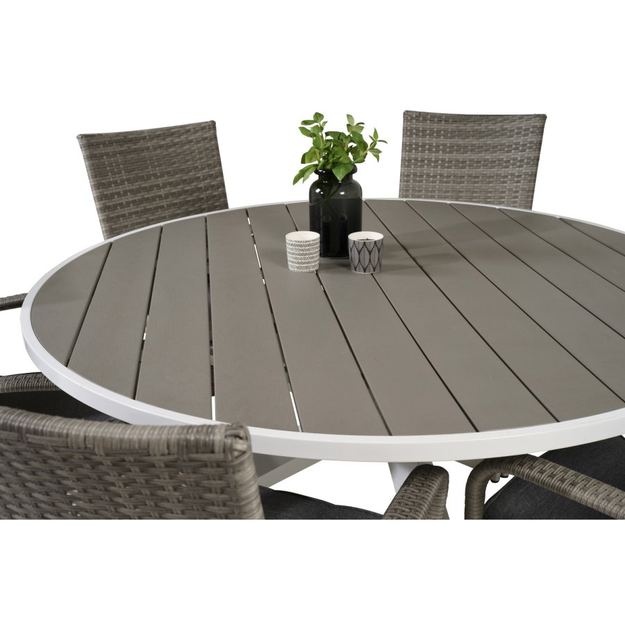 VENTURE DESIGN havest m. Parma bord (140) og 6 Anna stole m. armln - gr rattan/aintwood/hvid alu