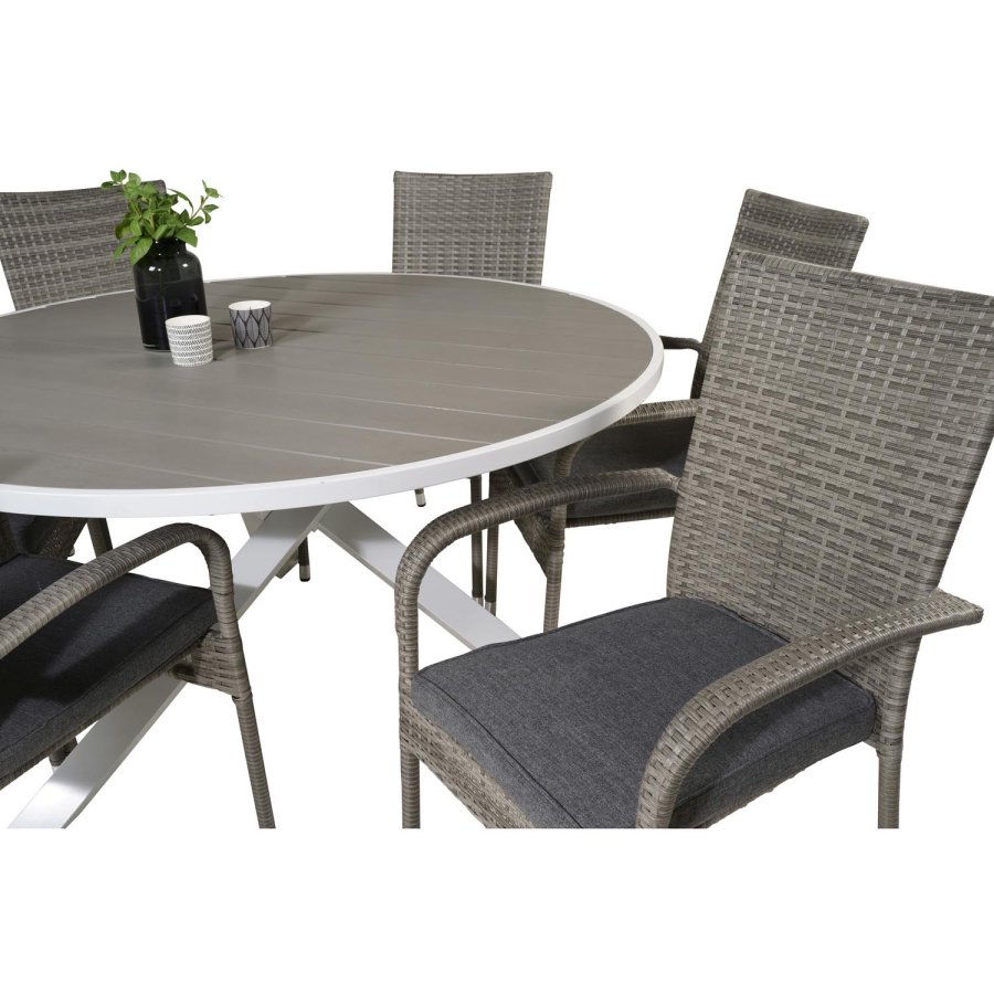 VENTURE DESIGN havest m. Parma bord (140) og 6 Anna stole m. armln - gr rattan/aintwood/hvid alu