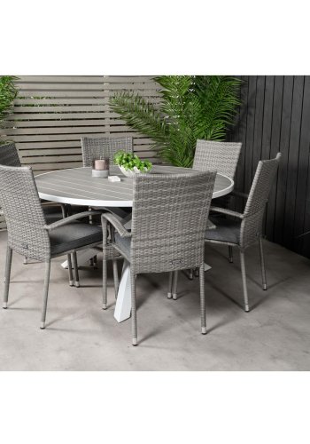 VENTURE DESIGN havest m. Parma bord (140) og 6 Anna stole m. armln - gr rattan/aintwood/hvid alu