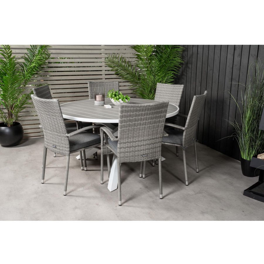 VENTURE DESIGN havest m. Parma bord (140) og 6 Anna stole m. armln - gr rattan/aintwood/hvid alu