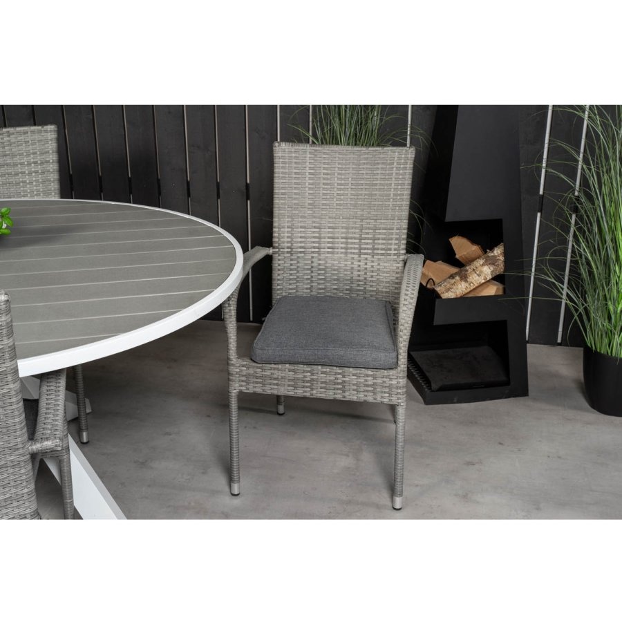 VENTURE DESIGN havest m. Parma bord (140) og 6 Anna stole m. armln - gr rattan/aintwood/hvid alu