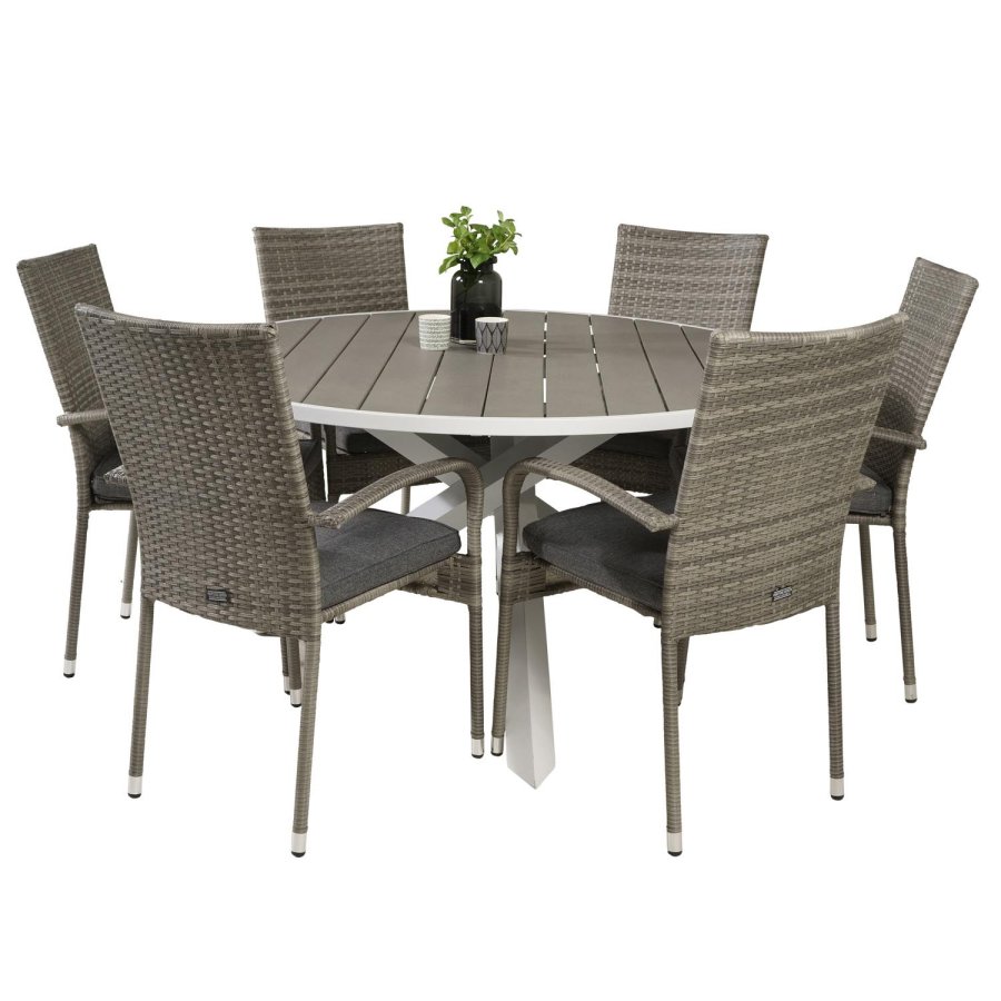 VENTURE DESIGN havest m. Parma bord (140) og 6 Anna stole m. armln - gr rattan/aintwood/hvid alu