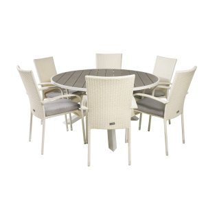 VENTURE DESIGN havest m. Parma bord (140) og 6 Anna stole m. armln - hvid rattan/alu/gr aintwood