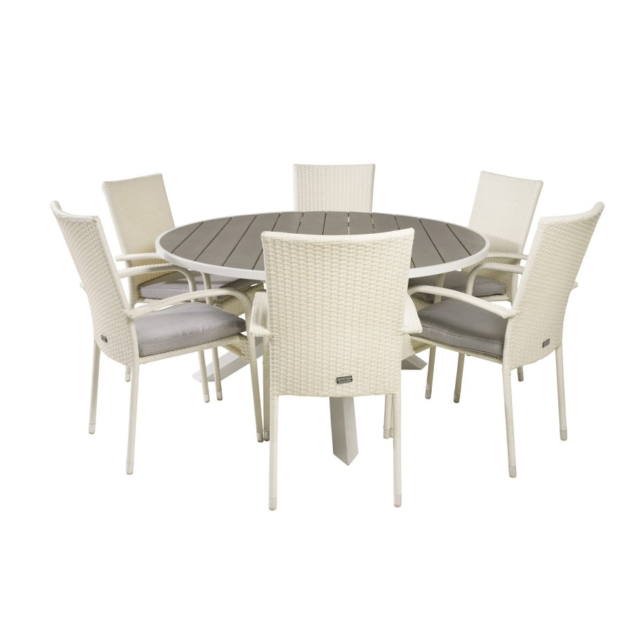 VENTURE DESIGN Gartenset mit Parma-Tisch (140) und 6 Anna-Stühlen mit Armlehnen – weißes Rattan/Alu/graues Aintwood