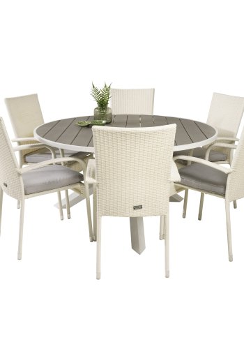 VENTURE DESIGN Gartenset mit Parma-Tisch (140) und 6 Anna-Stühlen mit Armlehnen – weißes Rattan/Alu/graues Aintwood