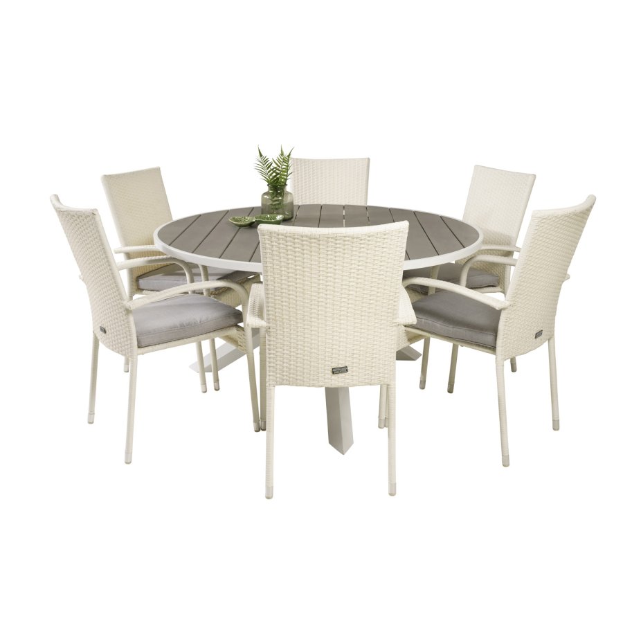 VENTURE DESIGN Gartenset mit Parma-Tisch (140) und 6 Anna-Stühlen mit Armlehnen – weißes Rattan/Alu/graues Aintwood