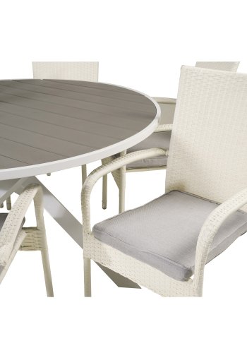 VENTURE DESIGN Gartenset mit Parma-Tisch (140) und 6 Anna-Stühlen mit Armlehnen – weißes Rattan/Alu/graues Aintwood
