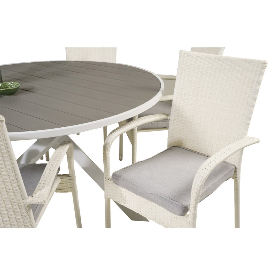 VENTURE DESIGN Gartenset mit Parma-Tisch (140) und 6 Anna-Stühlen mit Armlehnen – weißes Rattan/Alu/graues Aintwood