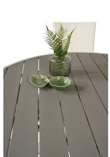 VENTURE DESIGN Gartenset mit Parma-Tisch (140) und 6 Anna-Stühlen mit Armlehnen – weißes Rattan/Alu/graues Aintwood