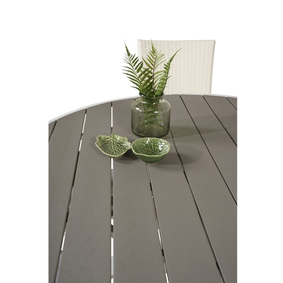 VENTURE DESIGN Gartenset mit Parma-Tisch (140) und 6 Anna-Stühlen mit Armlehnen – weißes Rattan/Alu/graues Aintwood