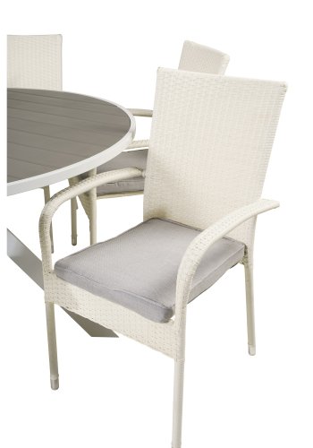 VENTURE DESIGN Gartenset mit Parma-Tisch (140) und 6 Anna-Stühlen mit Armlehnen – weißes Rattan/Alu/graues Aintwood