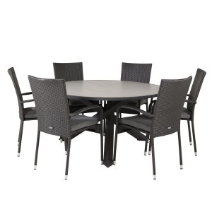 VENTURE DESIGN havest m. Parma bord (140) og 6 Anna stole m. armln - sort rattan/alu/gr aintwood