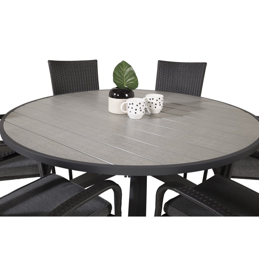 VENTURE DESIGN havest m. Parma bord (140) og 6 Anna stole m. armln - sort rattan/alu/gr aintwood