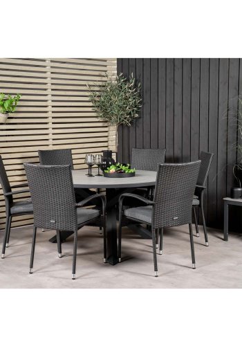 VENTURE DESIGN havest m. Parma bord (140) og 6 Anna stole m. armln - sort rattan/alu/gr aintwood