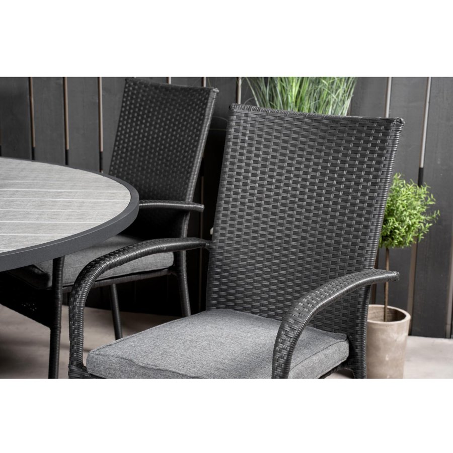 VENTURE DESIGN havest m. Parma bord (140) og 6 Anna stole m. armln - sort rattan/alu/gr aintwood