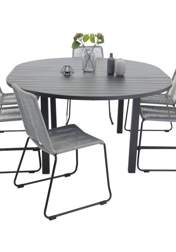 VENTURE DESIGN Gartenset mit Marbella-Tisch und 6 Lindos-Stühlen – schwarzes Aluminium und graues Seil