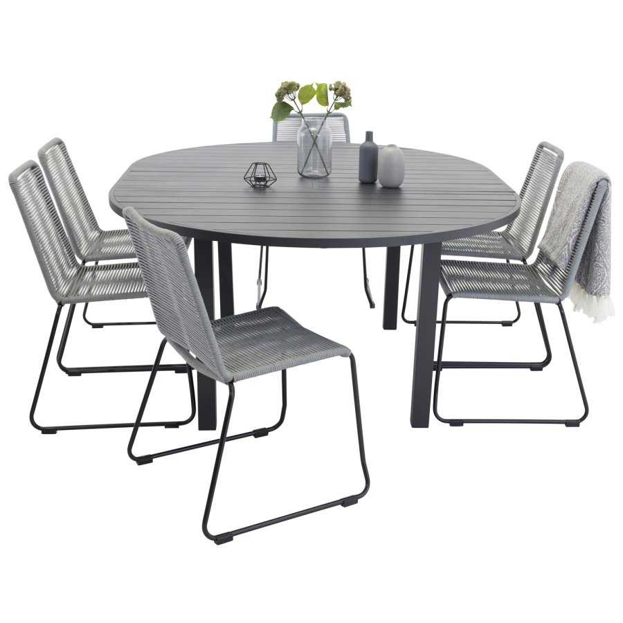 VENTURE DESIGN Gartenset mit Marbella-Tisch und 6 Lindos-Stühlen – schwarzes Aluminium und graues Seil