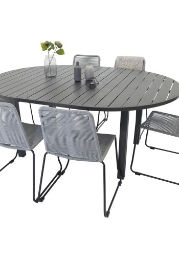 VENTURE DESIGN Gartenset mit Marbella-Tisch und 6 Lindos-Stühlen – schwarzes Aluminium und graues Seil